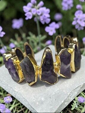 18k Gold Plated Artisan Huge Chunky Genuine Raw Amethyst Crystal Cuff Bracelet